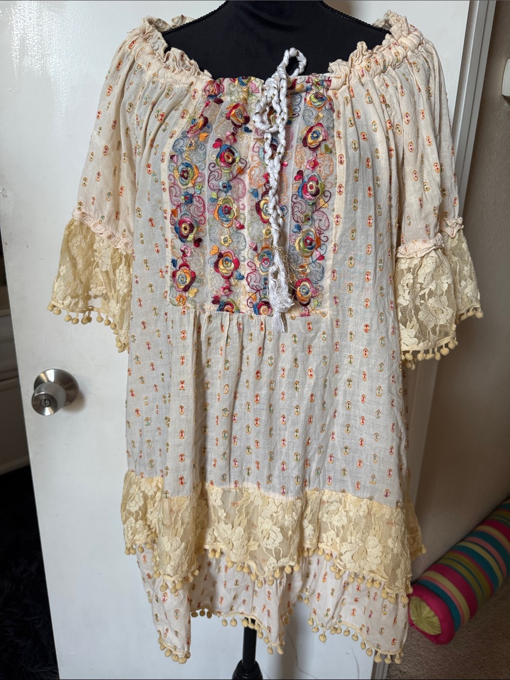 Embroidered Boho Off-Shoulder Dress in Cream & Yellow